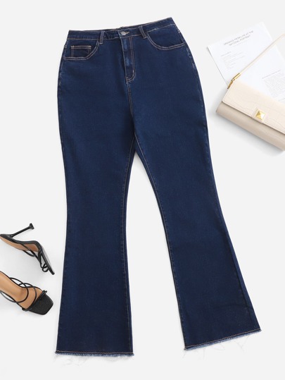 مقاس كبير بنطلون جينز واسع من الاسفل خصر عالي حافة خام