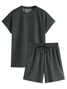 Manfinity 男士圓領T恤和腰部抽繩短褲 - 深灰色 - 查看 1