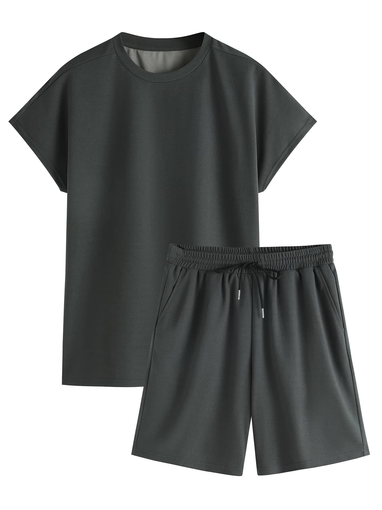 Manfinity 男士圓領T恤和腰部抽繩短褲 - 深灰色 - 查看 1