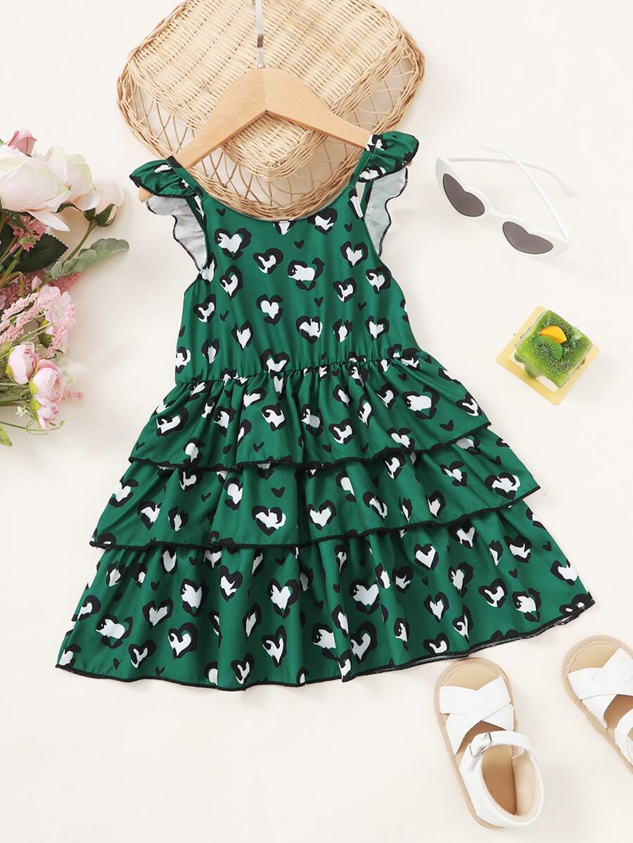 Toddler Girls Heart Print Ruffle Trim Layered Hem Dress - Green - View 1