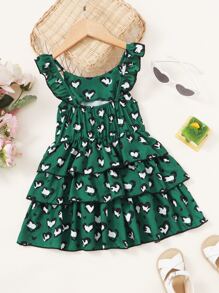 Toddler Girls Heart Print Ruffle Trim Layered Hem Dress - Green - View 2