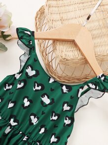Toddler Girls Heart Print Ruffle Trim Layered Hem Dress - Green - View 3
