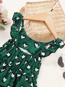 Toddler Girls Heart Print Ruffle Trim Layered Hem Dress - Green - View 4