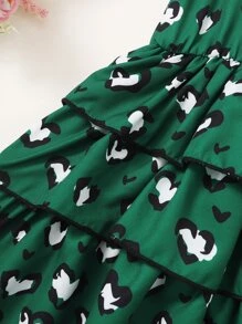 Toddler Girls Heart Print Ruffle Trim Layered Hem Dress - Green - View 5