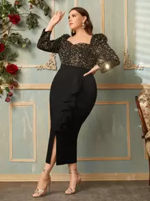 Modelyn Plus Sequin Bodice Draped Split Hem Dress - Black - View 2