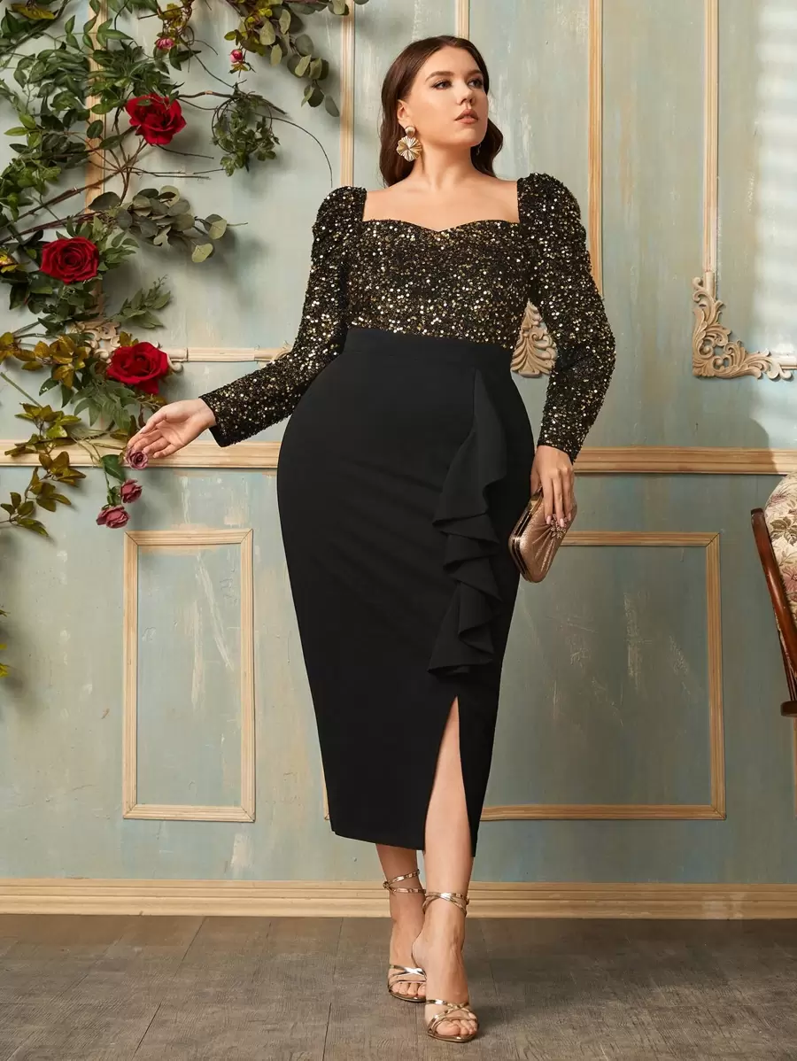 Modelyn Plus Sequin Bodice Draped Split Hem Dress - Black - View 1