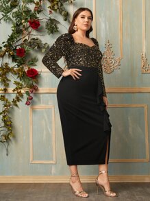 Modelyn Plus Sequin Bodice Draped Split Hem Dress - Black - View 4
