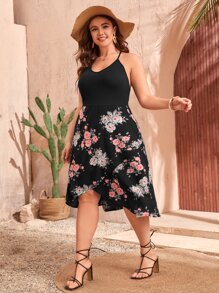 大碼印花鬱金香下擺後背十字交叉吊帶洋裝 - 黑色 - 查看 4