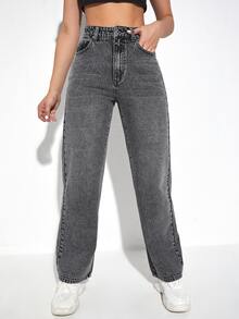 Quần jean nữ Nút Túi Dây kéo màu trơn - Màu xám đen - Xem 4