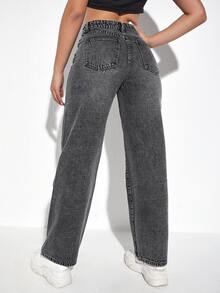 Quần jean nữ Nút Túi Dây kéo màu trơn - Màu xám đen - Xem 2