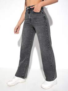 Quần jean nữ Nút Túi Dây kéo màu trơn - Màu xám đen - Xem 6