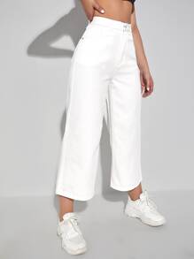 SHEIN EZwear Jeans de pierna ancha recortado - Blanco - Ver 3