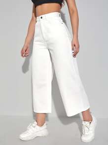 SHEIN EZwear Jeans de pierna ancha recortado - Blanco - Ver 4