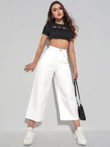 SHEIN EZwear Jeans de pierna ancha recortado - Blanco - Ver 5