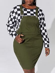 Plus Pocket Patched Overall Denim Dress Without Top - Army Green - View 1