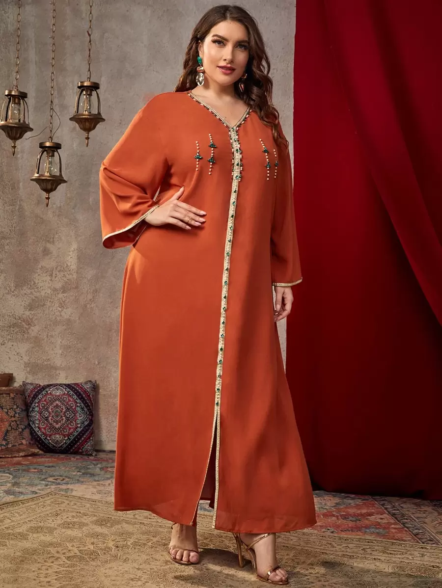 Al Najma 大码对比色带仿珍珠串珠宝石细节开衩下摆连衣裙 - 亮橙色 - 查看 1