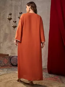 Al Najma 大码对比色带仿珍珠串珠宝石细节开衩下摆连衣裙 - 亮橙色 - 查看 2