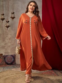 Al Najma 大码对比色带仿珍珠串珠宝石细节开衩下摆连衣裙 - 亮橙色 - 查看 3