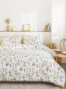 花朵印花絨球裝飾床單套裝 - 彩色 - 查看 1