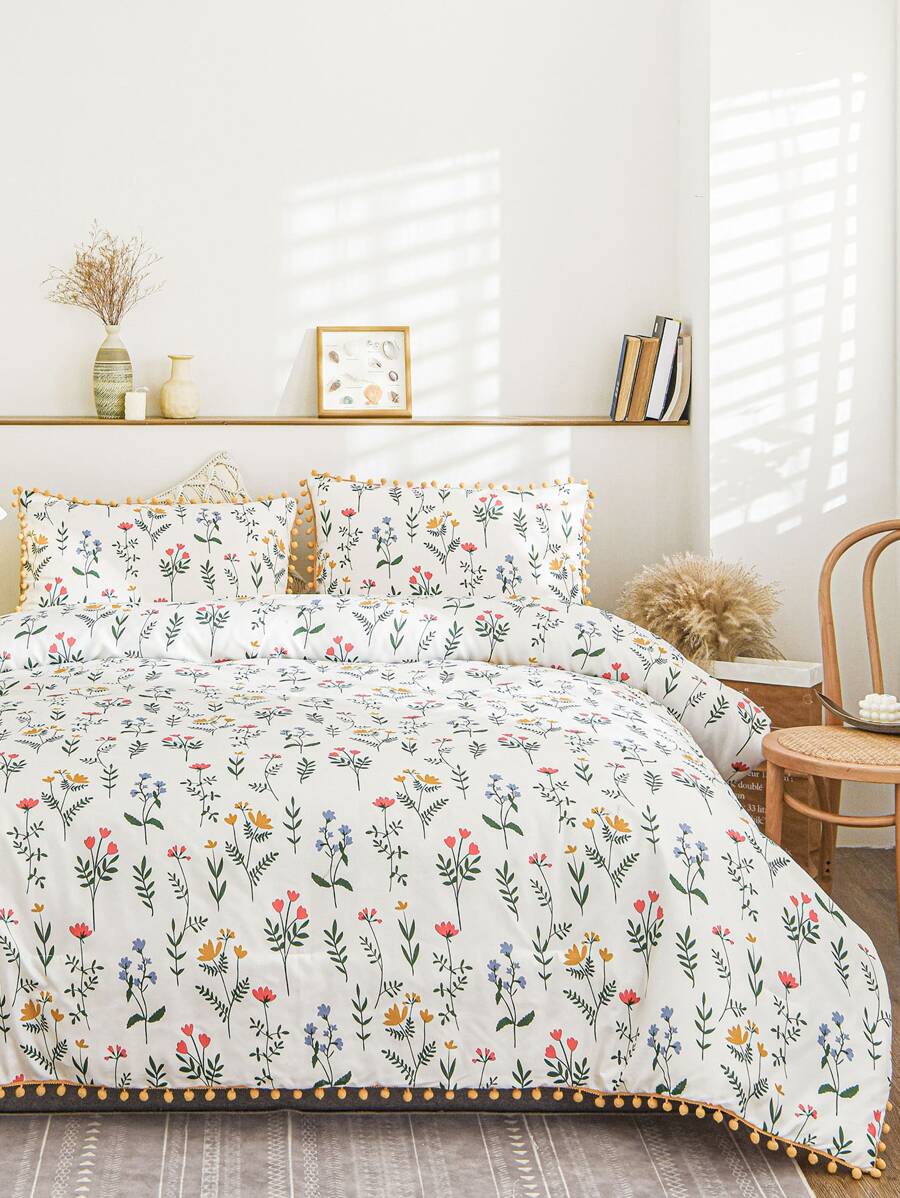 花朵印花絨球裝飾床單套裝 - 彩色 - 查看 1
