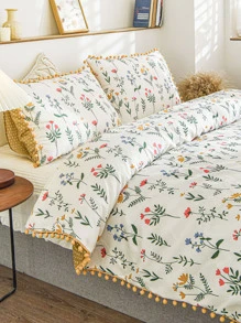 花朵印花絨球裝飾床單套裝 - 彩色 - 查看 2