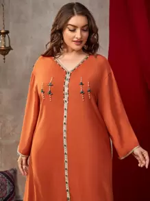 Al Najma 大码对比色带仿珍珠串珠宝石细节开衩下摆连衣裙 - 亮橙色 - 查看 5