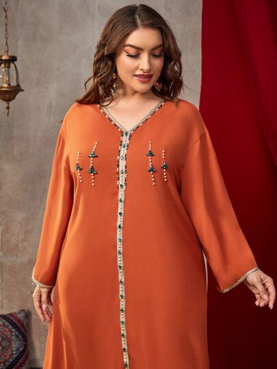 Al Najma Plus Size Contrast Tape Faux Pearl Beaded Gemstone Detail Split Hem Dress Fall Cloth For Women