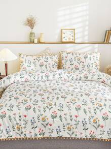 花朵印花絨球裝飾床單套裝 - 彩色 - 查看 3