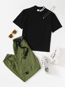 Seusyu Letter Graphic Tee & D-Ring Tie Front Pants Set 2 Piece Set - Multicolor - View 1