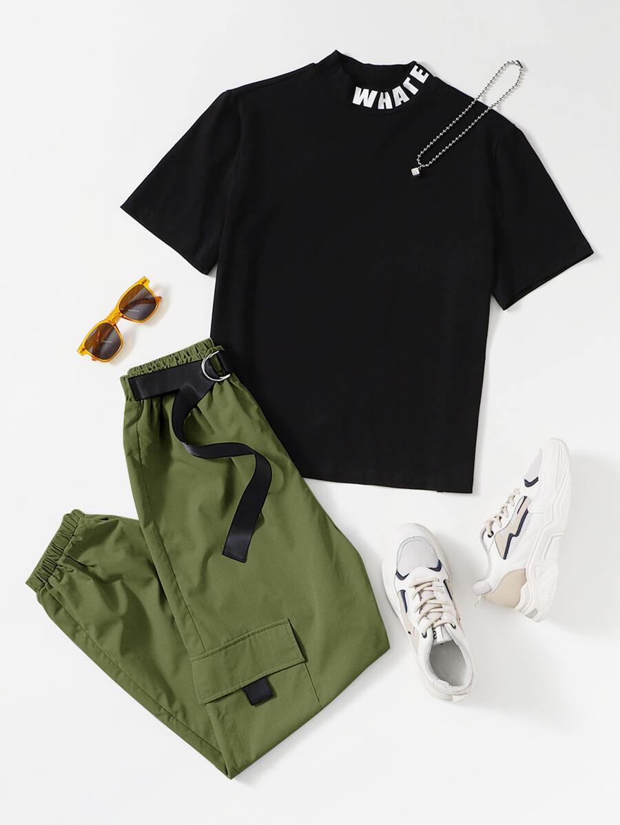 Seusyu Letter Graphic Tee & D-Ring Tie Front Pants Set 2 Piece Set - Multicolor - View 1