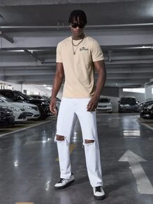 Manfinity RebelGame Nam Áo thun Bông Bản in hình khẩu hiệu & con bướm - Màu Khaki - Xem 3