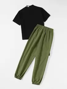 Seusyu Letter Graphic Tee & D-Ring Tie Front Pants Set 2 Piece Set - Multicolor - View 2