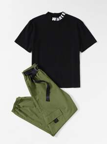 Seusyu Letter Graphic Tee & D-Ring Tie Front Pants Set 2 Piece Set - Multicolor - View 5