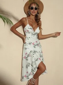 SHEIN Unity Floral Print Asymmetrical Hem Cami Dress - White - View 5