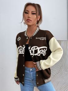 Flirla Slogan Graphic Drop Shoulder Varsity Jacket