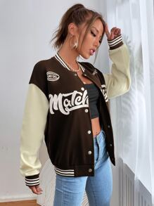 Flirla Slogan Graphic Drop Shoulder Varsity Jacket