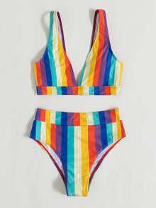 Rainbow Stripe High Waisted Bikini Set, For Summer Beach Vacation - Multicolor - View 3