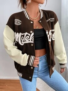 Flirla Slogan Graphic Drop Shoulder Varsity Jacket