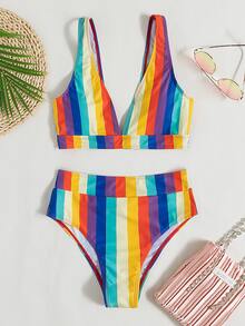 Rainbow Stripe High Waisted Bikini Set, For Summer Beach Vacation - Multicolor - View 7