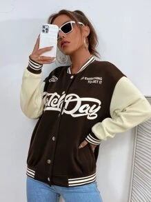 Flirla Slogan Graphic Drop Shoulder Varsity Jacket
