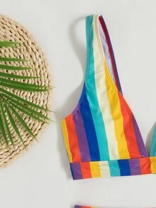 Rainbow Stripe High Waisted Bikini Set, For Summer Beach Vacation - Multicolor - View 6