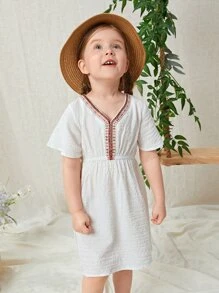 SHEIN 小女童幾何刺繡A字連衣裙 - 白色 - 查看 3