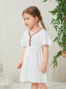 SHEIN 小女童幾何刺繡A字連衣裙 - 白色 - 查看 4