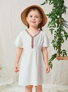 SHEIN 小女童幾何刺繡A字連衣裙 - 白色 - 查看 5