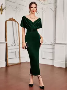 Modelyn Surplice Neck Split Back Belted Velvet Dress - Dark Green - View 1
