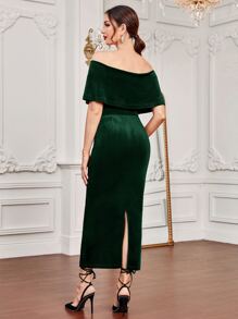 Modelyn Surplice Neck Split Back Belted Velvet Dress - Dark Green - View 2