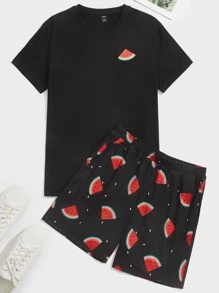 SHEIN Men Watermelon Print Lounge Set - Black - View 1