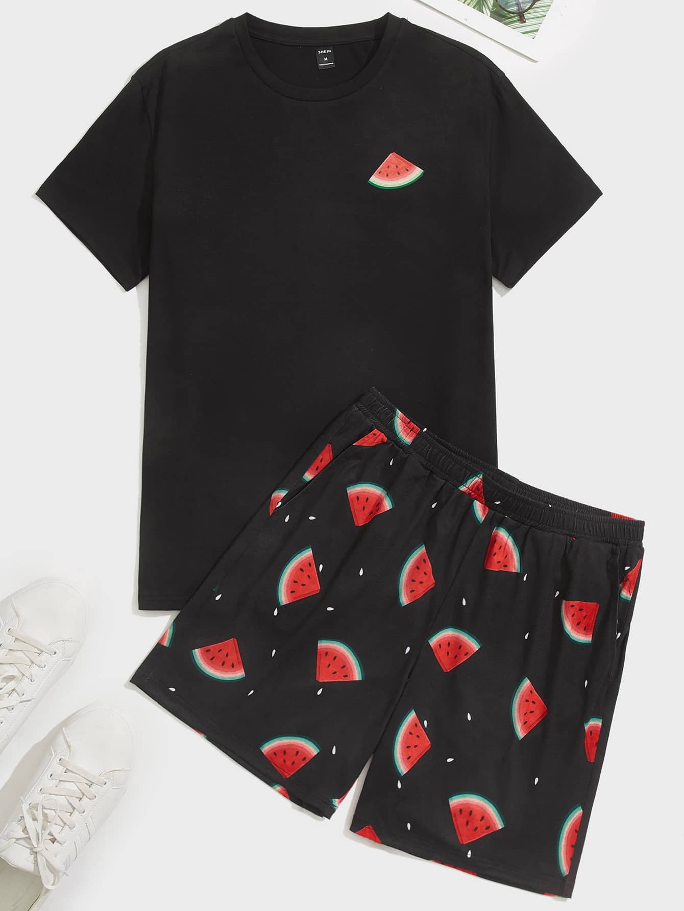 SHEIN Men Watermelon Print Lounge Set - Black - View 1