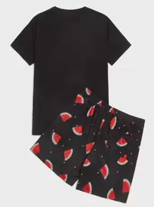 SHEIN Men Watermelon Print Lounge Set - Black - View 2