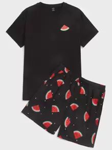 SHEIN Men Watermelon Print Lounge Set - Black - View 3